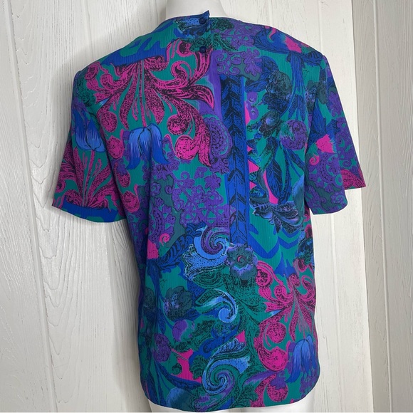 Vintage JG Collection Petite Blouse 8 Teal Pink Blue 1980’s S/S Padded Shoulders - Picture 3 of 9